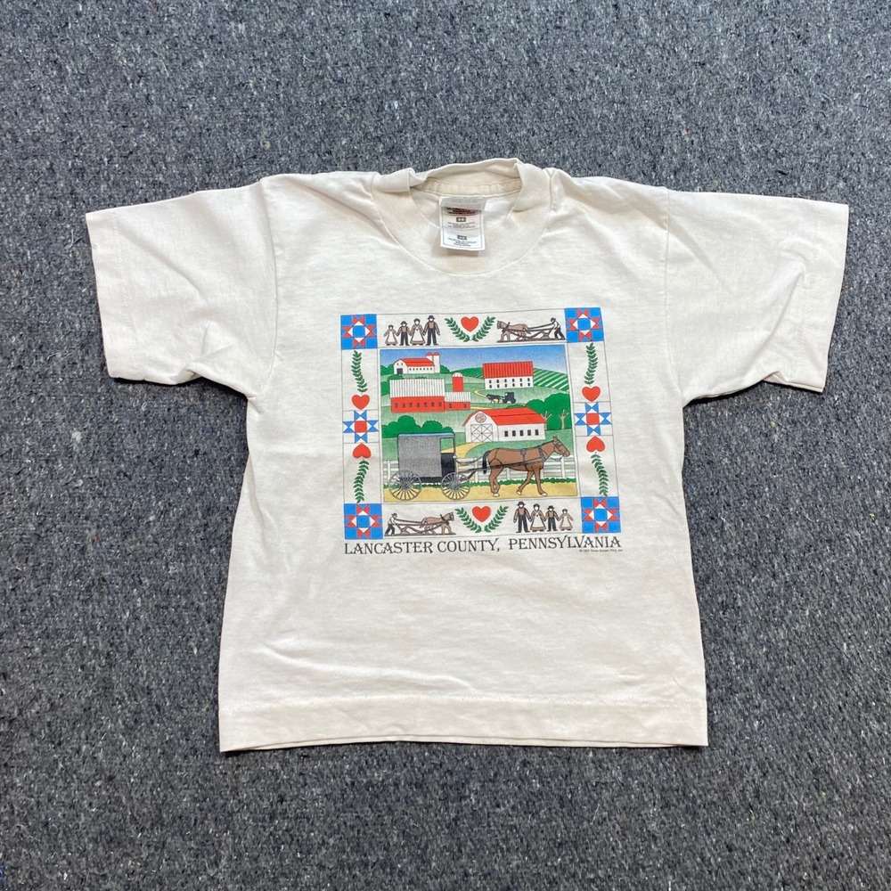 TShirt Sz 6-8 Kids White Vintage 90s Lancaster County PA Amish Folk Art Souvenir